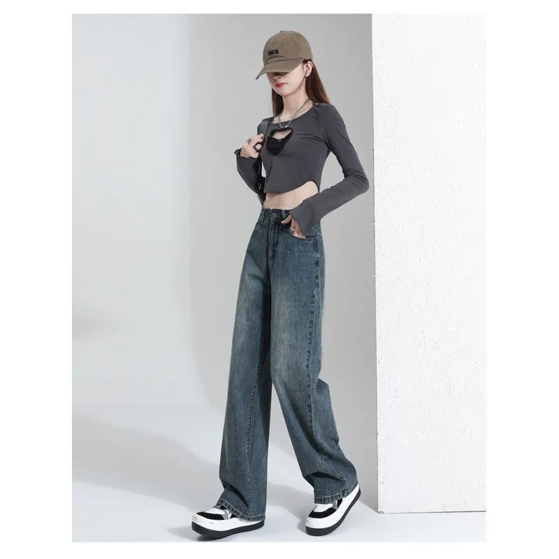 Casual Floor-Length Straight Style High-Waisted Wide-Leg Retro Jeans
