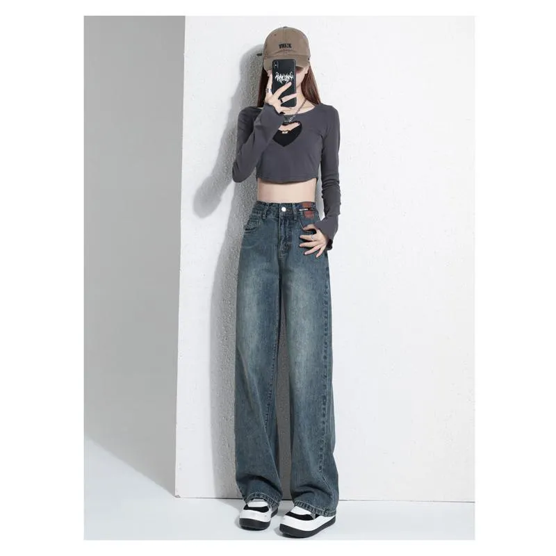 Casual Floor-Length Straight Style High-Waisted Wide-Leg Retro Jeans