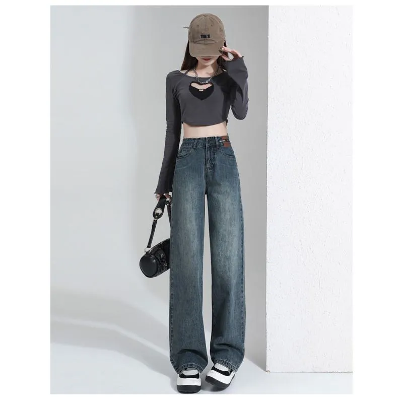 Casual Floor-Length Straight Style High-Waisted Wide-Leg Retro Jeans