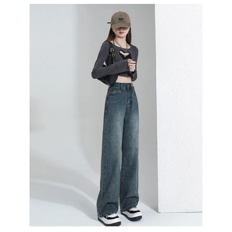 Casual Floor-Length Straight Style High-Waisted Wide-Leg Retro Jeans