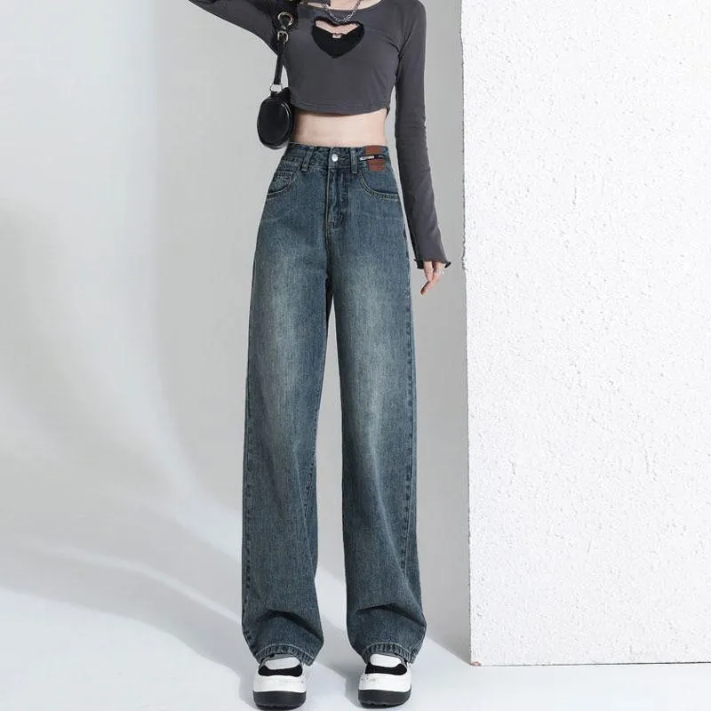 Casual Floor-Length Straight Style High-Waisted Wide-Leg Retro Jeans