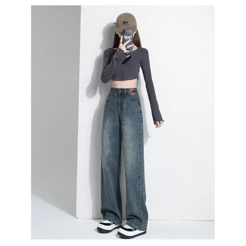 Casual Floor-Length Straight Style High-Waisted Wide-Leg Retro Jeans