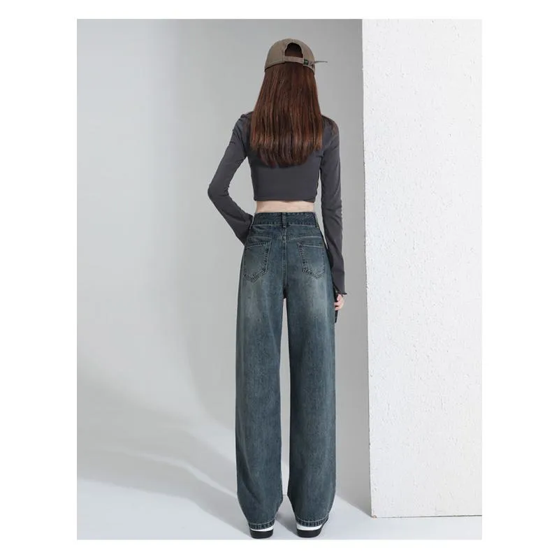 Casual Floor-Length Straight Style High-Waisted Wide-Leg Retro Jeans