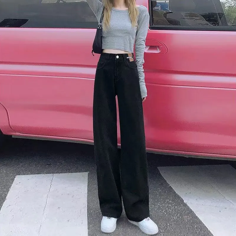 Casual Floor-Length Straight Style High-Waisted Wide-Leg Retro Jeans