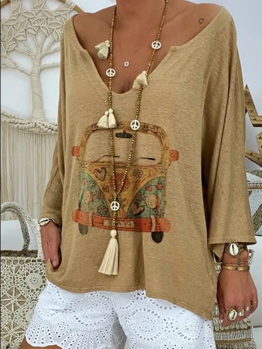 Casual Long Sleeve V-neck Print Top