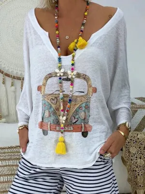 Casual Long Sleeve V-neck Print Top