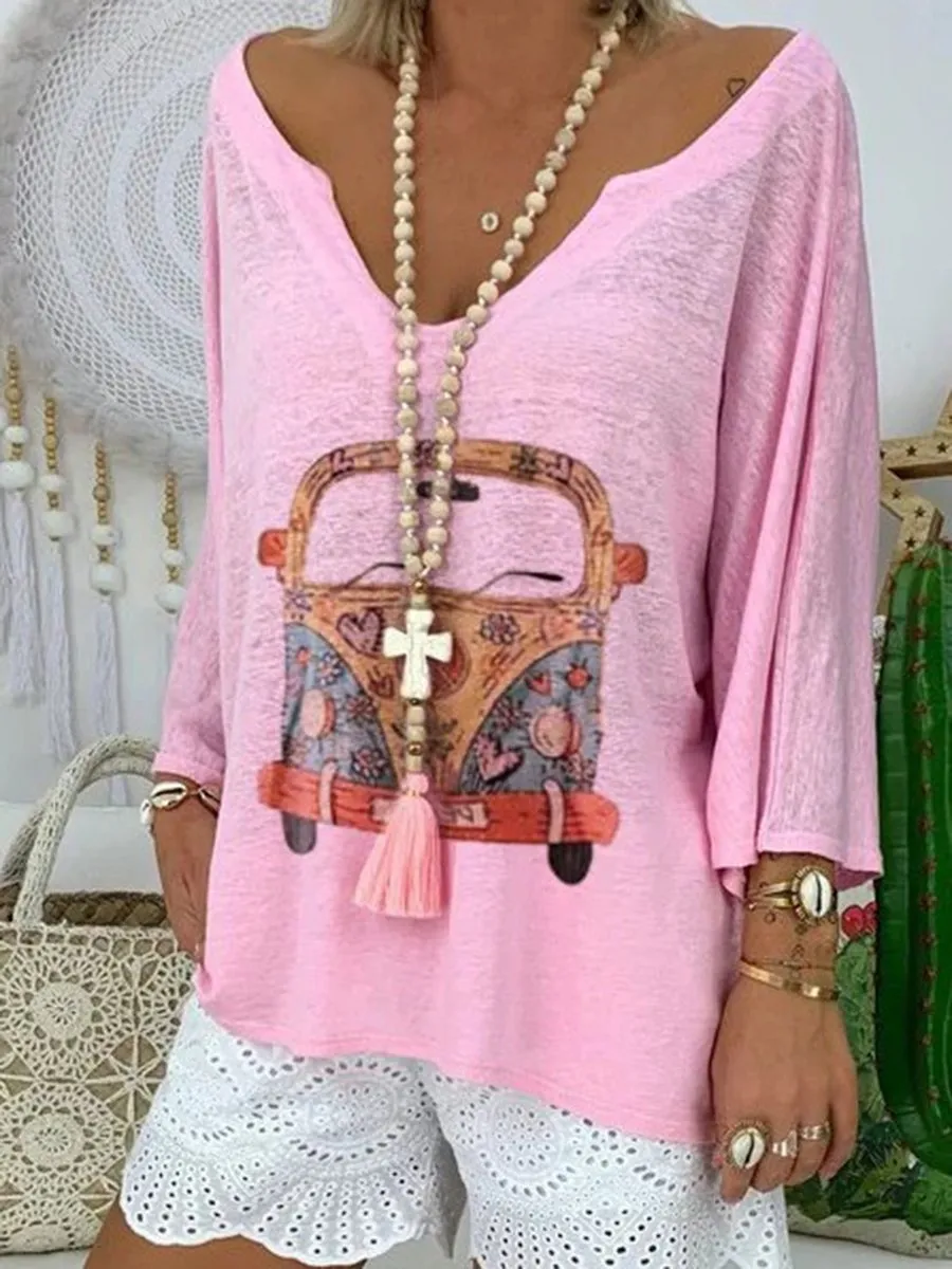 Casual Long Sleeve V-neck Print Top