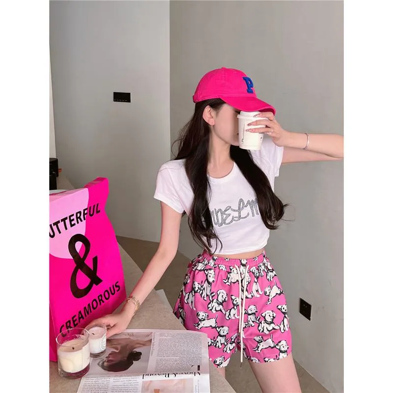 Casual Loose Fit Puppy Print Slimming High-Waisted Shorts