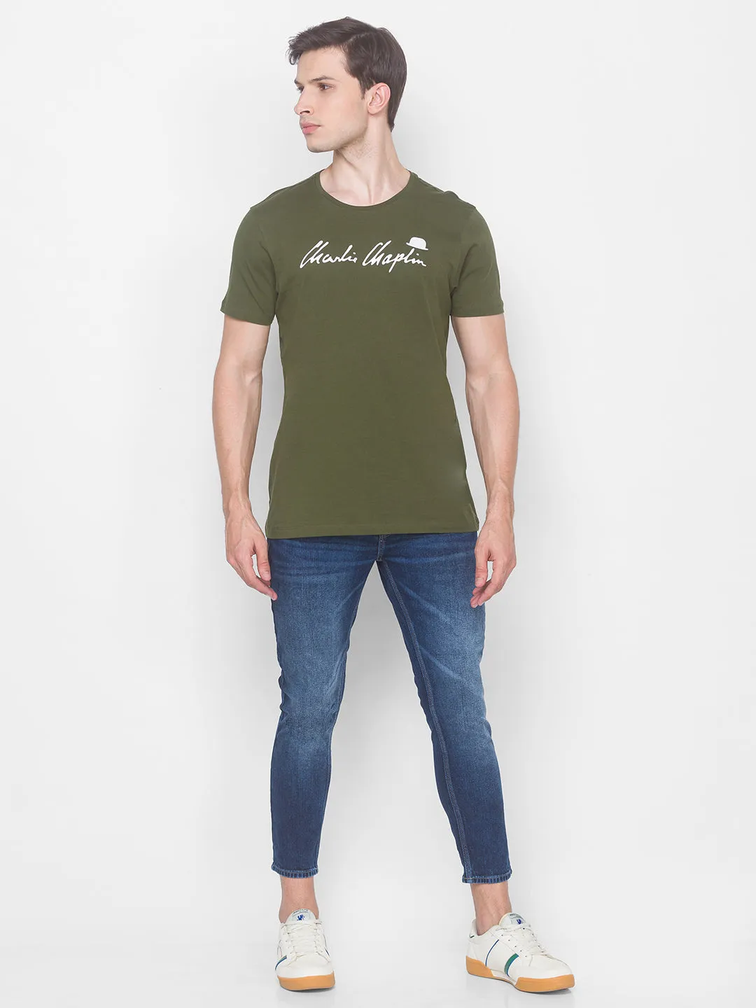 Charlie Chaplin Spykar Men Green Cotton Slim Fit Round Neck T-Shirt