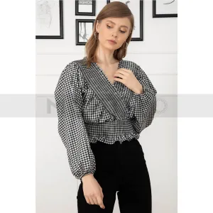 Check Balloon Sleeves Top
