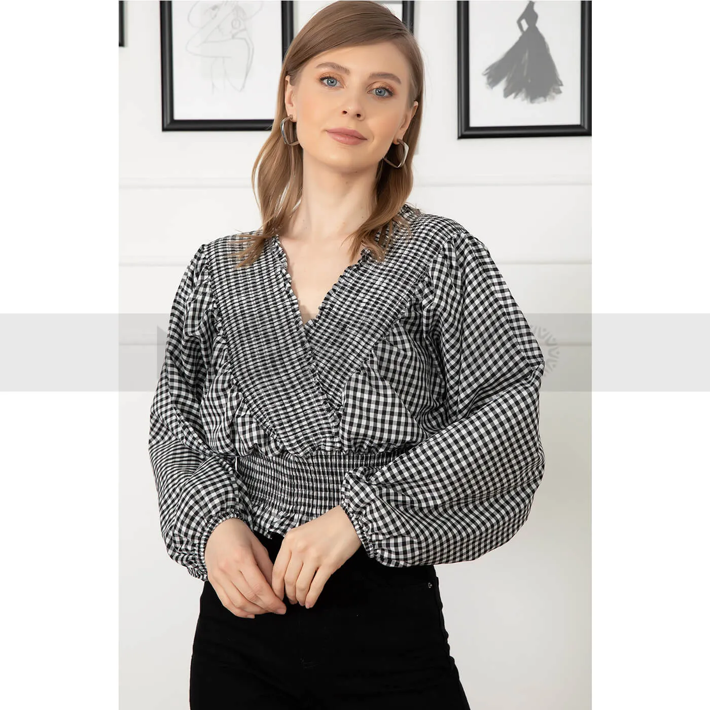 Check Balloon Sleeves Top