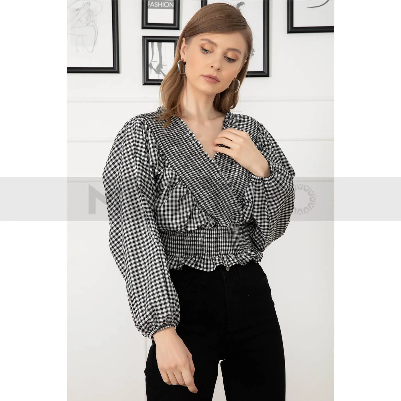 Check Balloon Sleeves Top