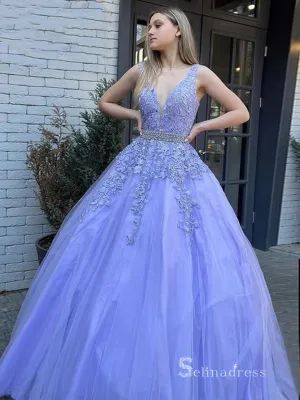 Chic A-line V neck Lavender Long Prom Dresses Applique Lace Evening Gowns CBD560