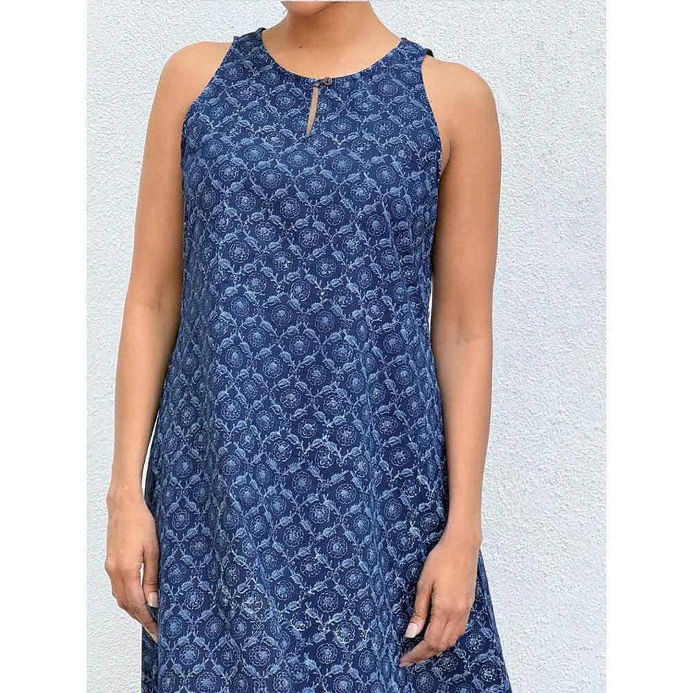 Chidiyaa Navy Blue Butterfly Blockprinted Cotton Dress