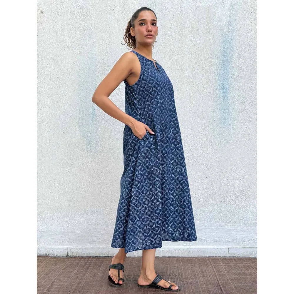 Chidiyaa Navy Blue Butterfly Blockprinted Cotton Dress