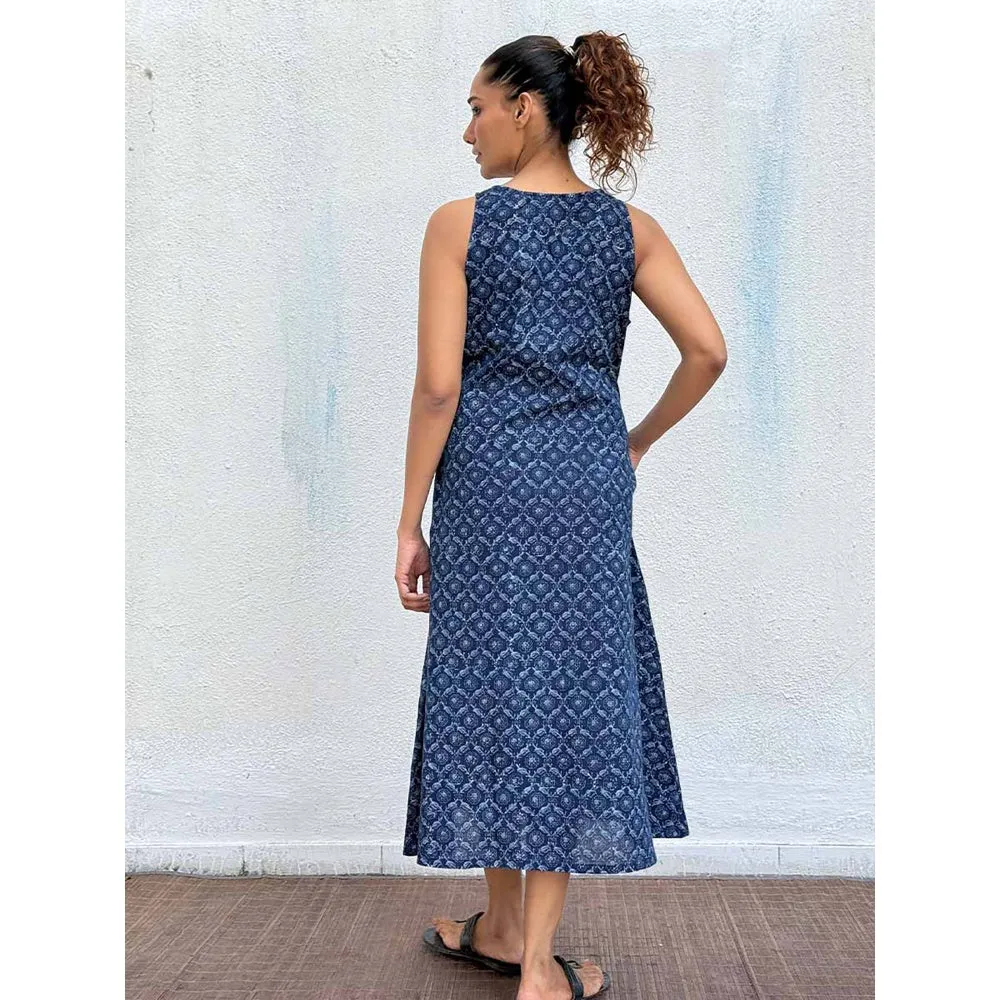 Chidiyaa Navy Blue Butterfly Blockprinted Cotton Dress