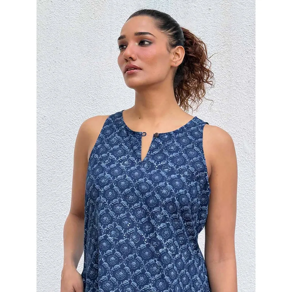 Chidiyaa Navy Blue Butterfly Blockprinted Cotton Dress