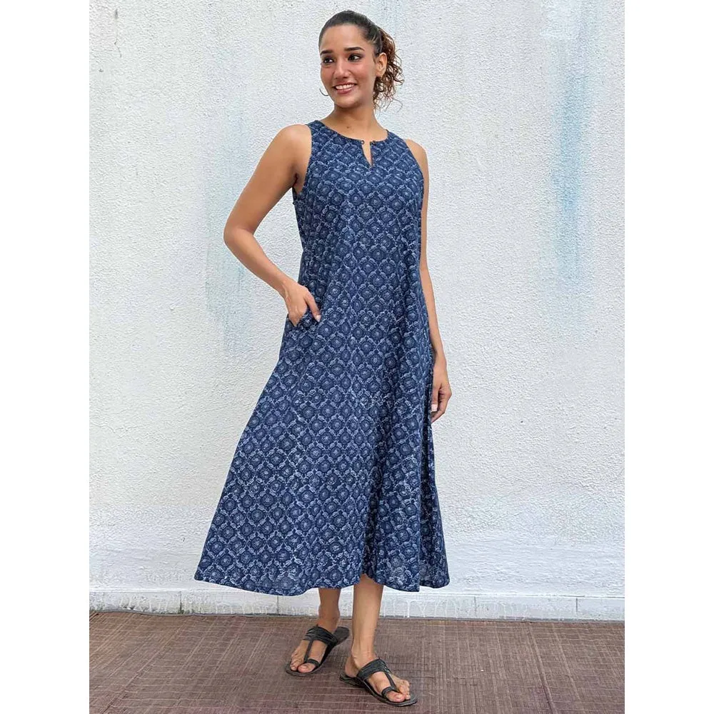 Chidiyaa Navy Blue Butterfly Blockprinted Cotton Dress