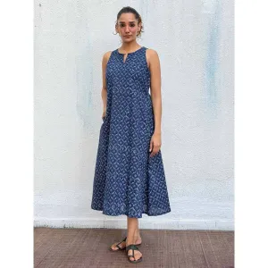 Chidiyaa Navy Blue Butterfly Blockprinted Cotton Dress