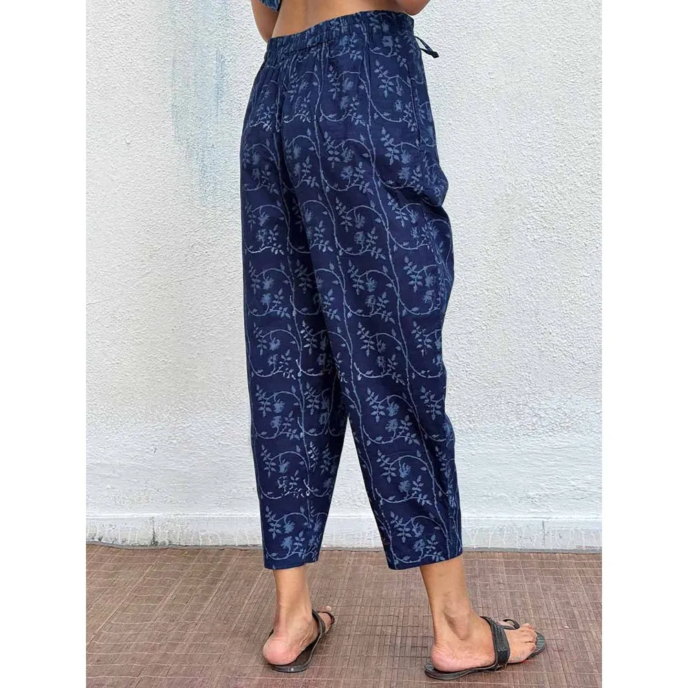 Chidiyaa Navy Blue Honeyberry Block Printed Cotton Pant