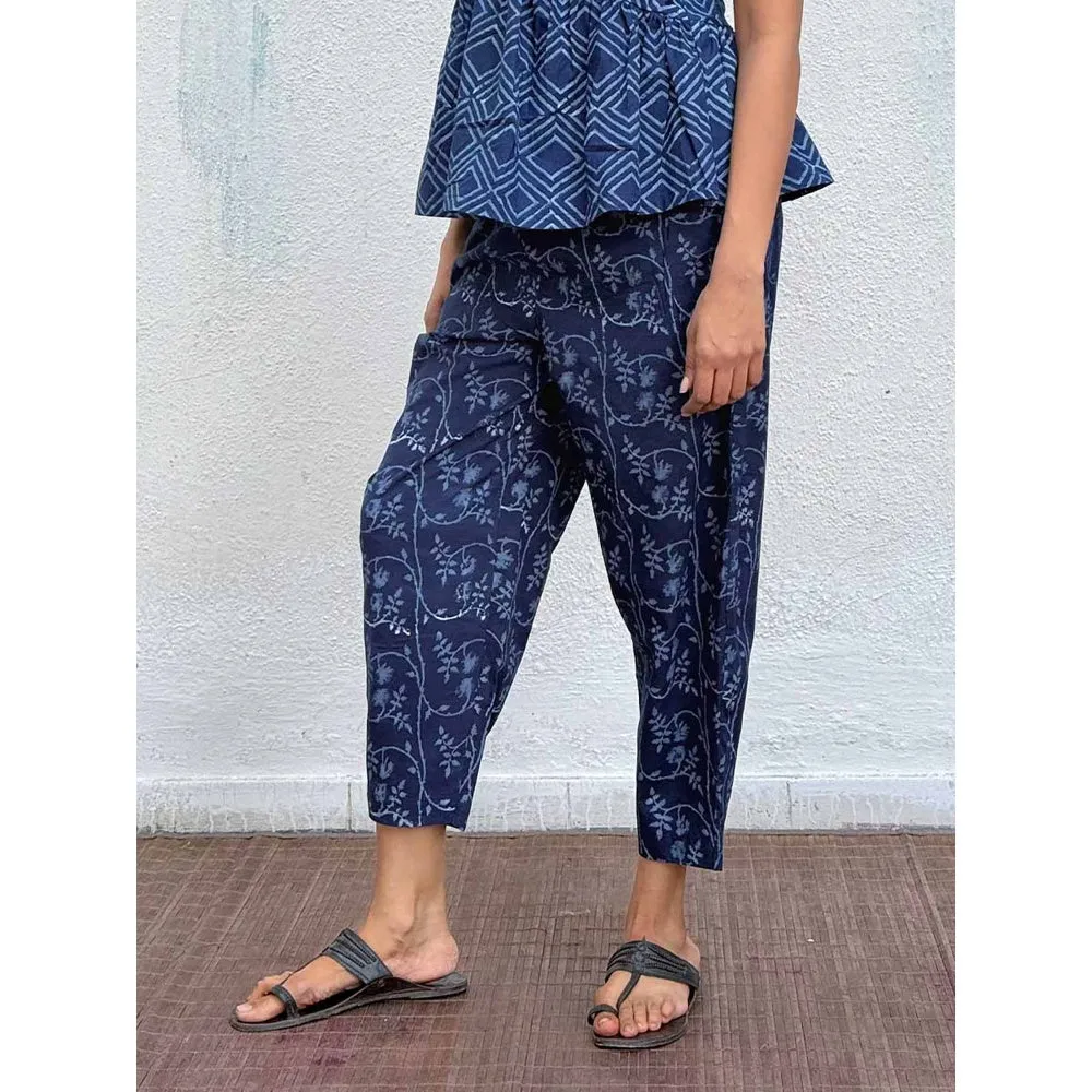 Chidiyaa Navy Blue Honeyberry Block Printed Cotton Pant