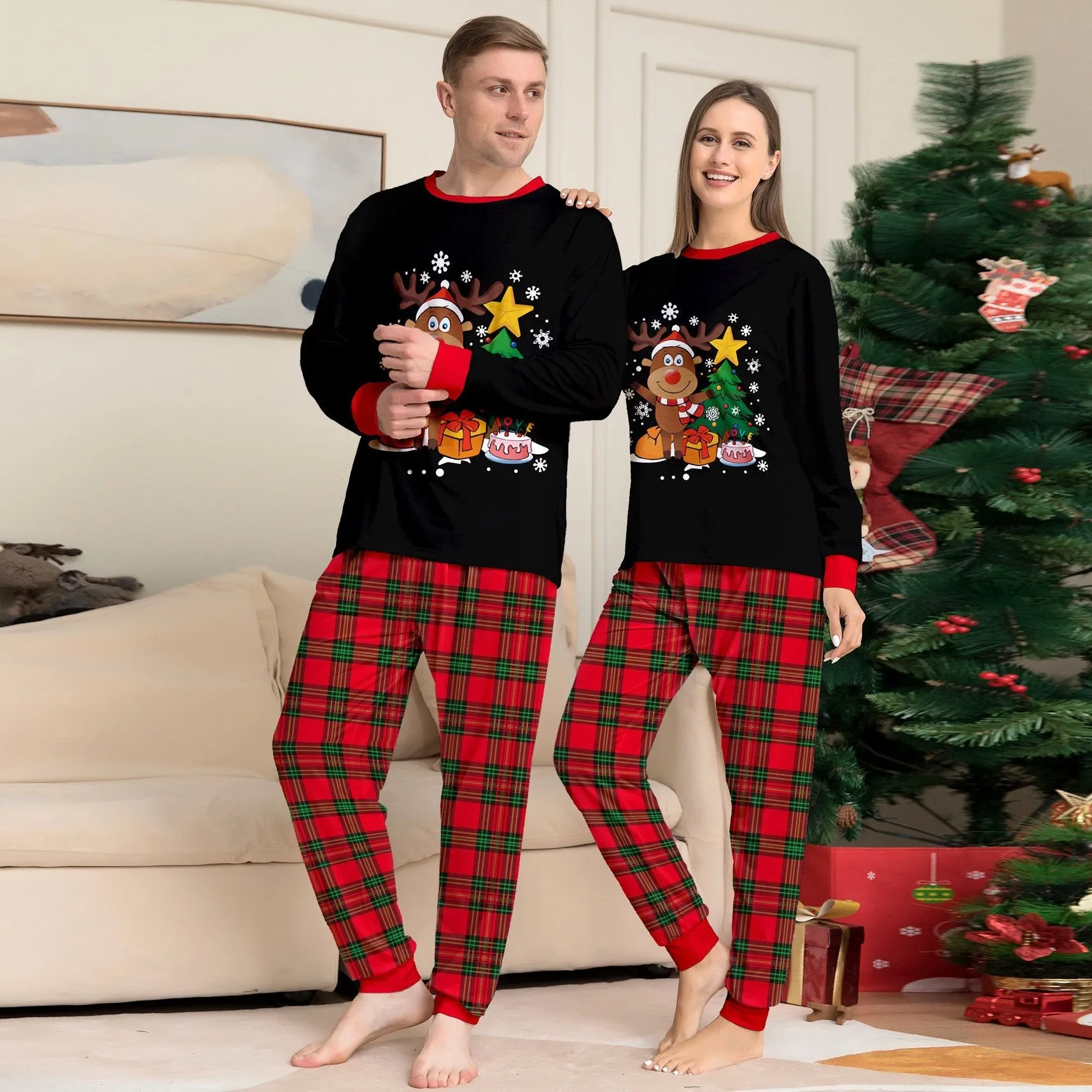 Christmas Funny Matching Family Couples Pajamas for Holiday Elk Letter Chirstmas Tree Print