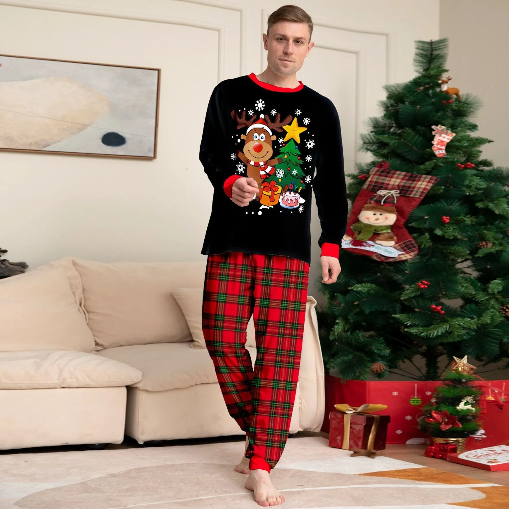Christmas Funny Matching Family Couples Pajamas for Holiday Elk Letter Chirstmas Tree Print