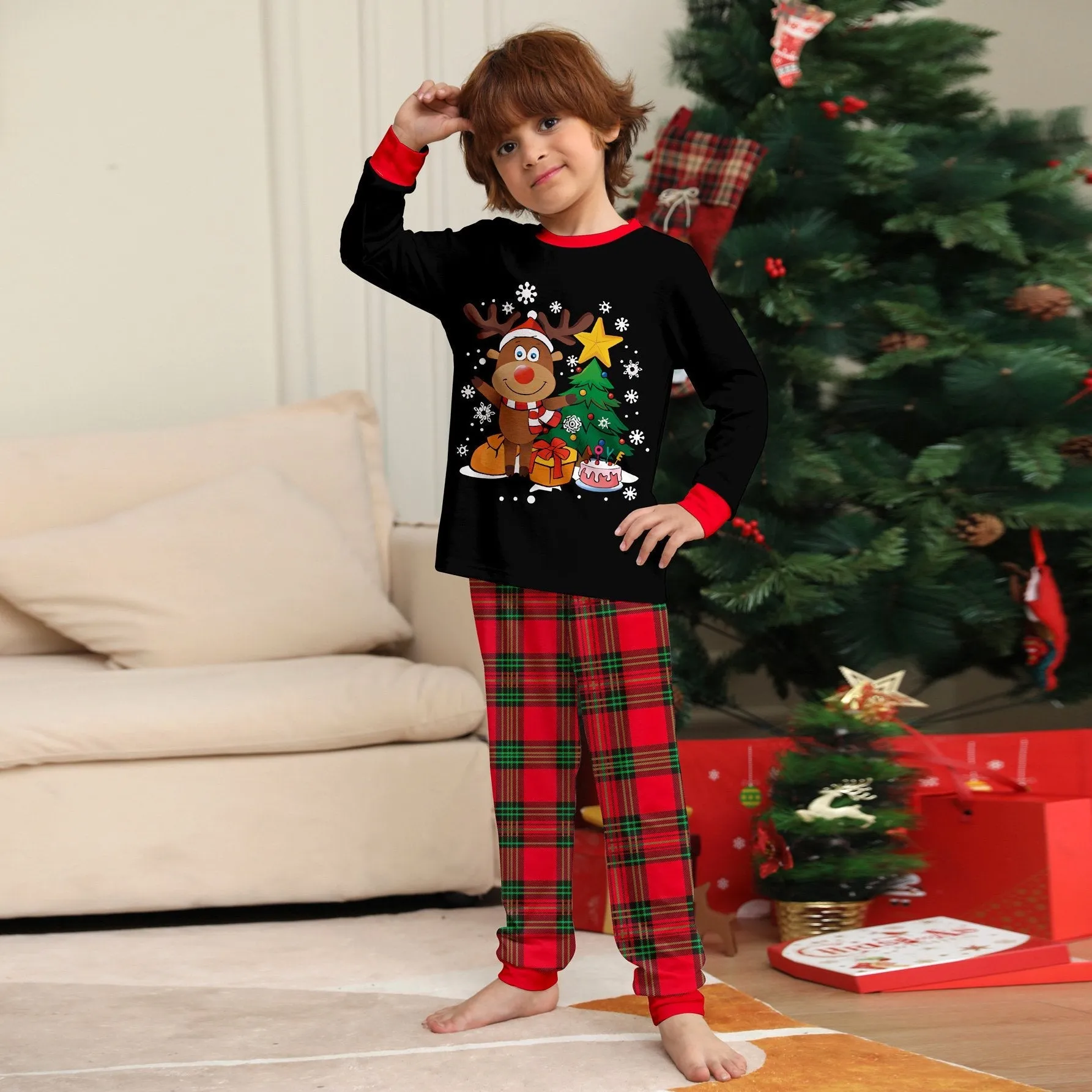 Christmas Funny Matching Family Couples Pajamas for Holiday Elk Letter Chirstmas Tree Print
