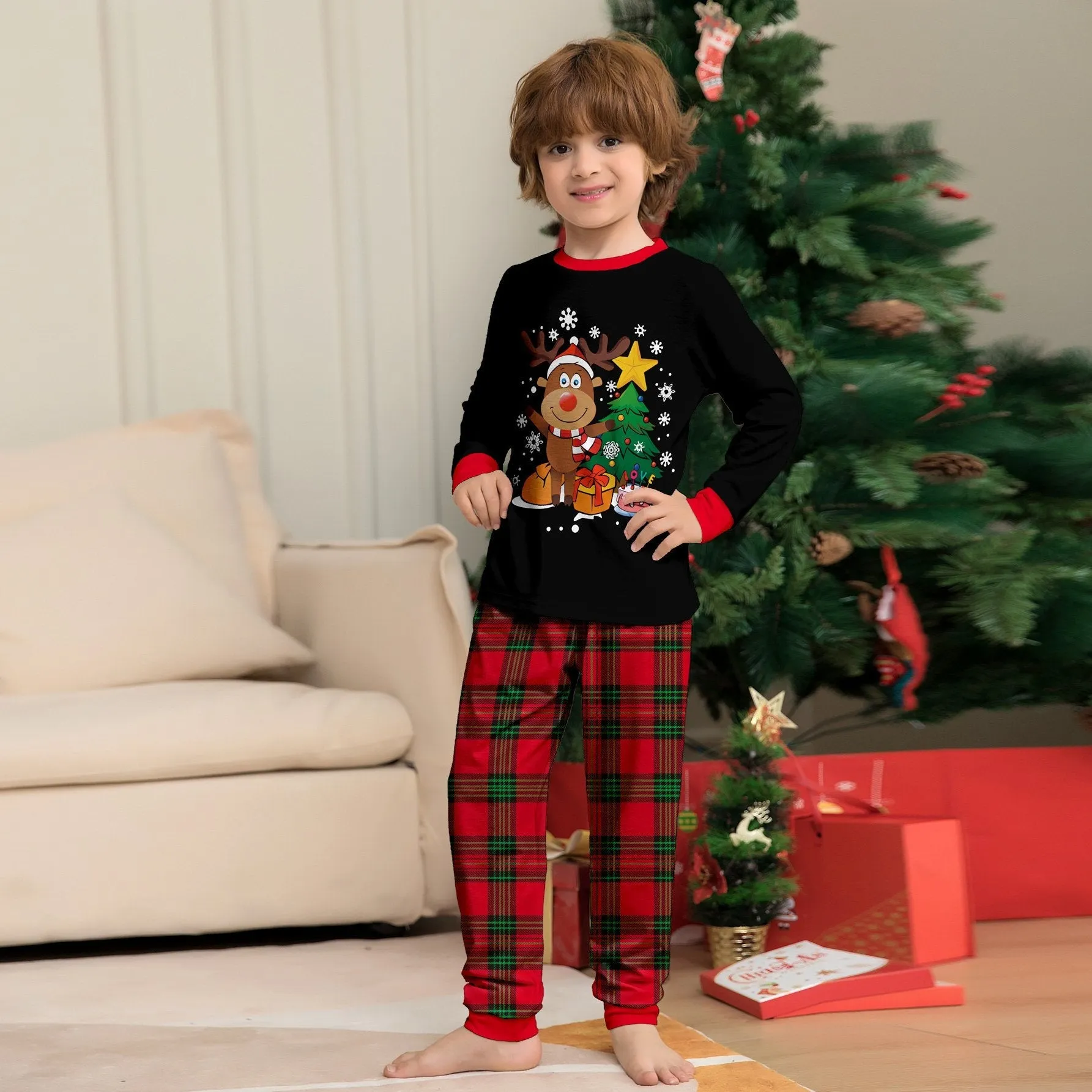 Christmas Funny Matching Family Couples Pajamas for Holiday Elk Letter Chirstmas Tree Print