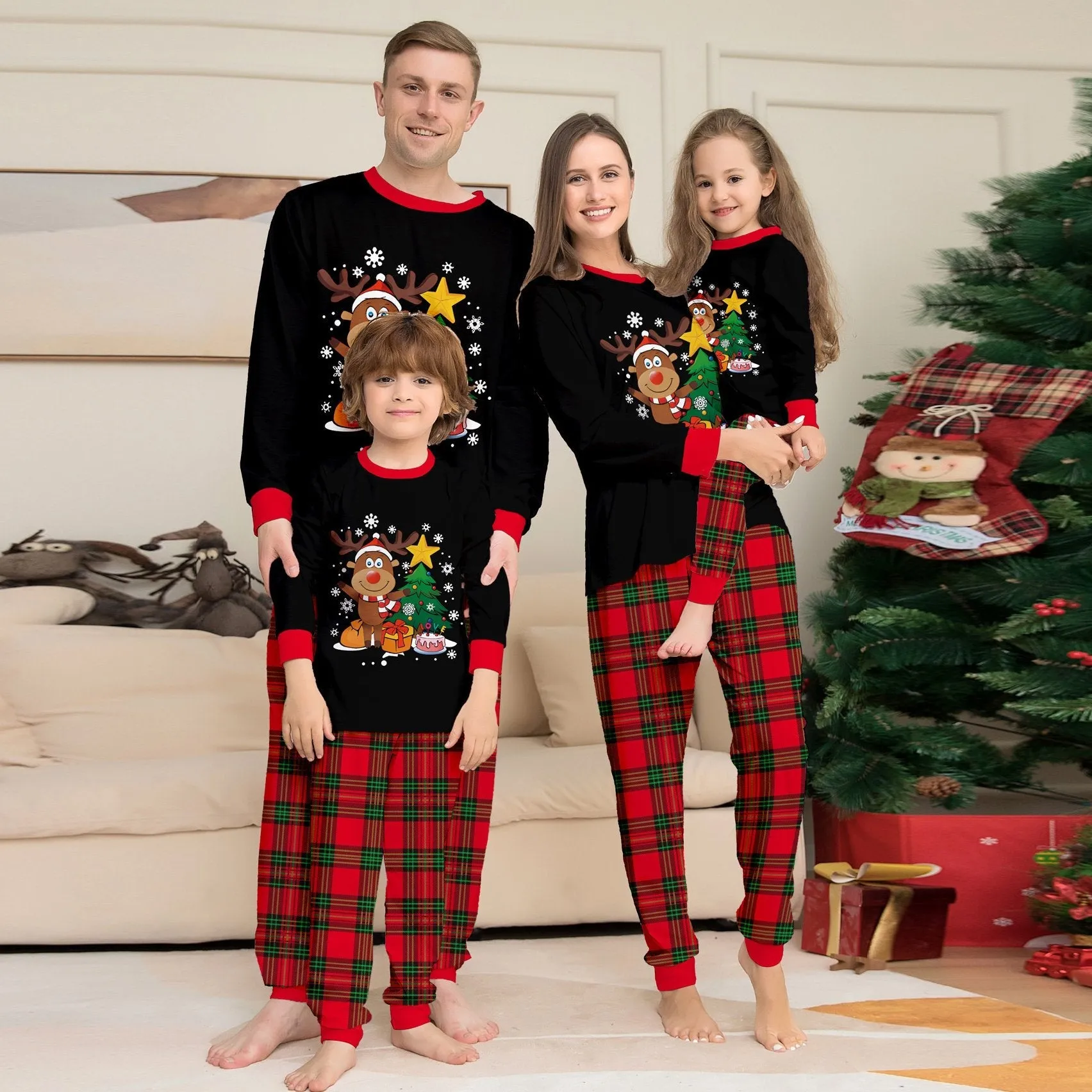 Christmas Funny Matching Family Couples Pajamas for Holiday Elk Letter Chirstmas Tree Print
