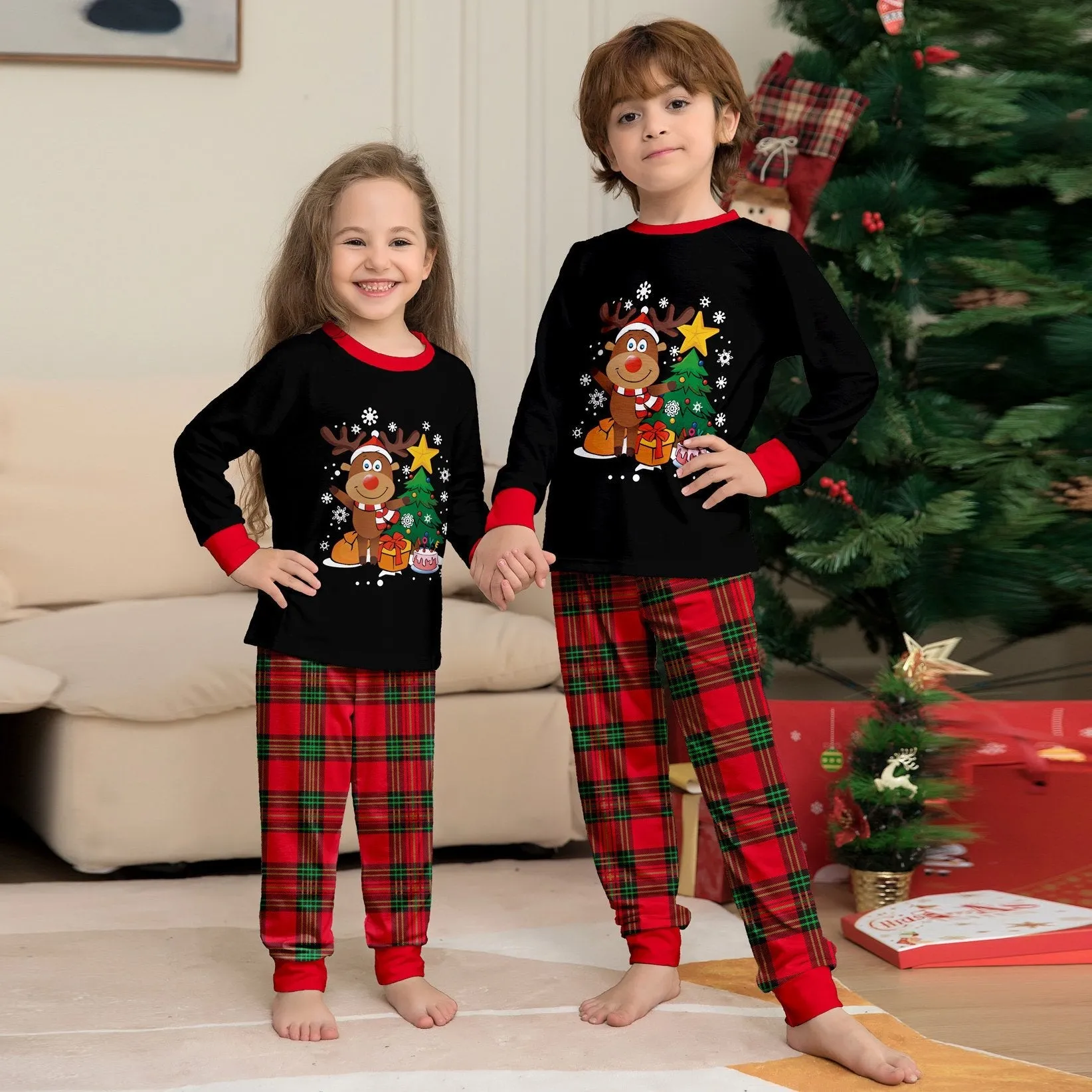 Christmas Funny Matching Family Couples Pajamas for Holiday Elk Letter Chirstmas Tree Print