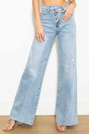 Criss Cross High Waisted Wide Leg Jeans in Light Stone