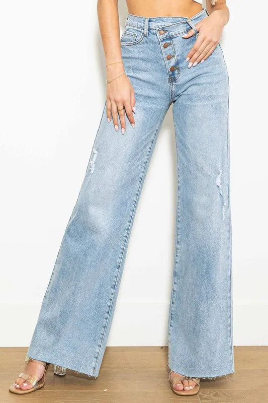 Criss Cross High Waisted Wide Leg Jeans in Light Stone