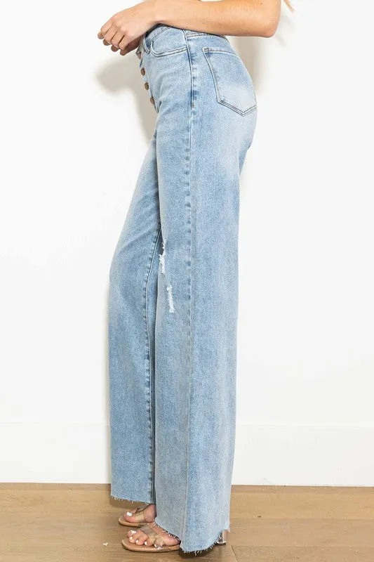 Criss Cross High Waisted Wide Leg Jeans in Light Stone