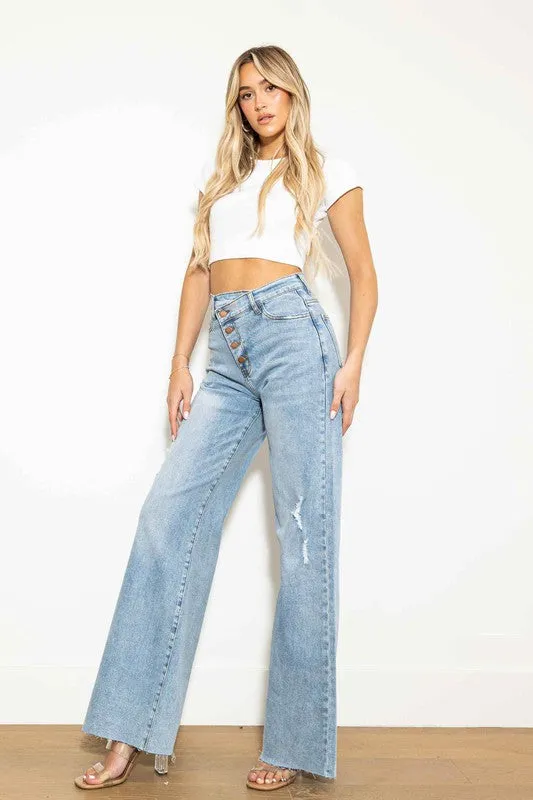 Criss Cross High Waisted Wide Leg Jeans in Light Stone