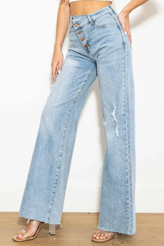 Criss Cross High Waisted Wide Leg Jeans in Light Stone