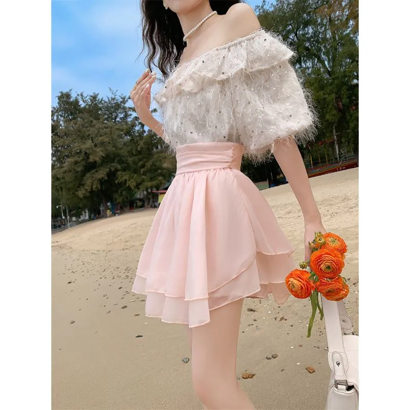 Cropped A-Line High-Waisted Pleated Midi Skirt Vitality Fluffy Skirt
