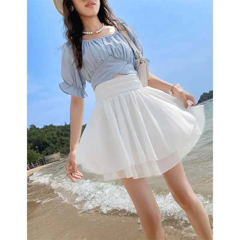 Cropped A-Line High-Waisted Pleated Midi Skirt Vitality Fluffy Skirt