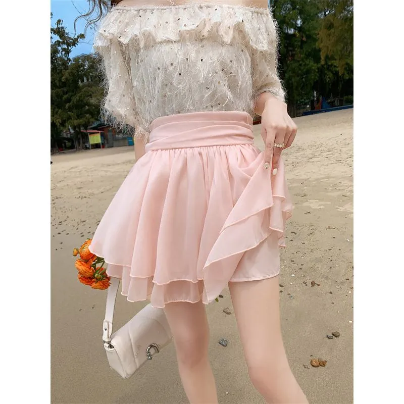 Cropped A-Line High-Waisted Pleated Midi Skirt Vitality Fluffy Skirt