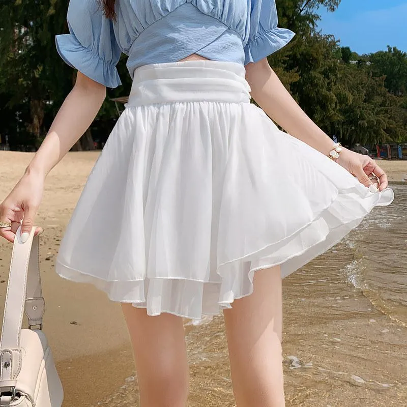 Cropped A-Line High-Waisted Pleated Midi Skirt Vitality Fluffy Skirt