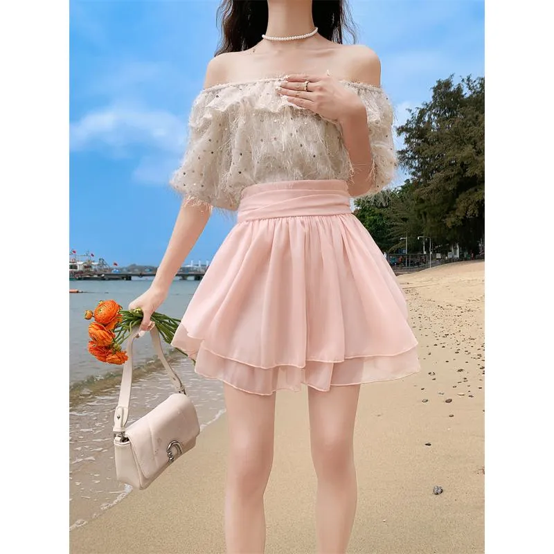 Cropped A-Line High-Waisted Pleated Midi Skirt Vitality Fluffy Skirt
