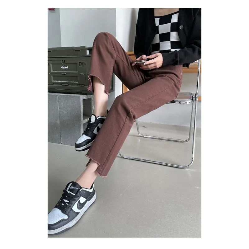 Cropped High-Waisted Elasticity Irregular Frayed Edge Jeans