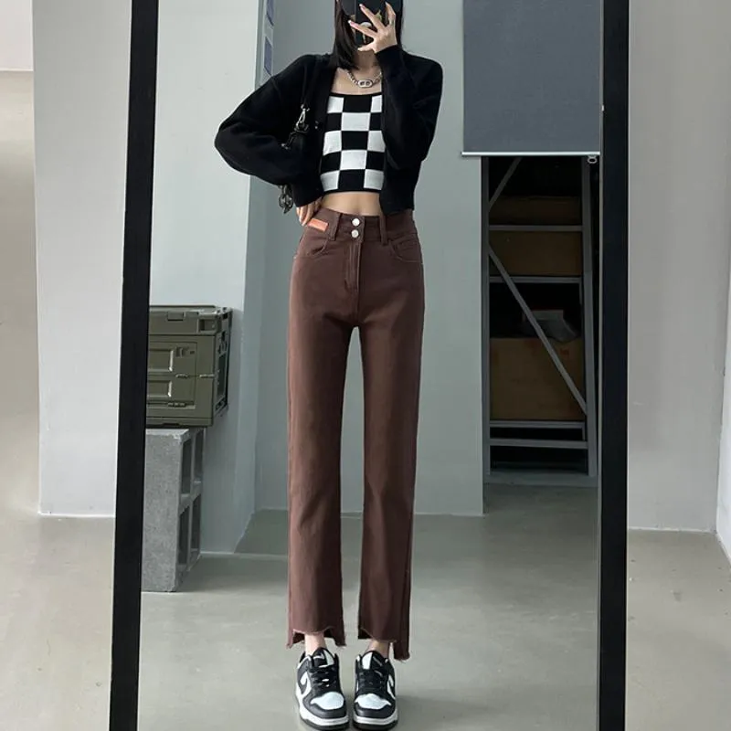 Cropped High-Waisted Elasticity Irregular Frayed Edge Jeans