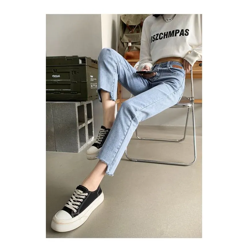 Cropped High-Waisted Elasticity Irregular Frayed Edge Jeans