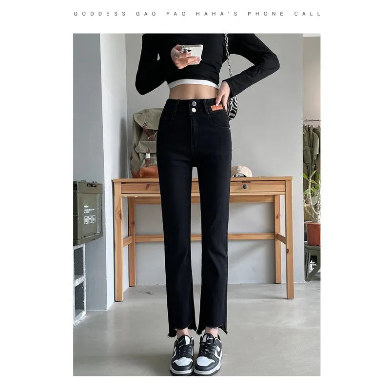 Cropped High-Waisted Elasticity Irregular Frayed Edge Jeans