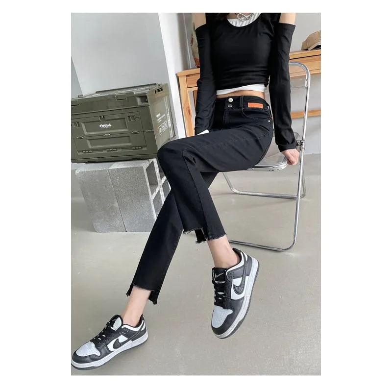Cropped High-Waisted Elasticity Irregular Frayed Edge Jeans