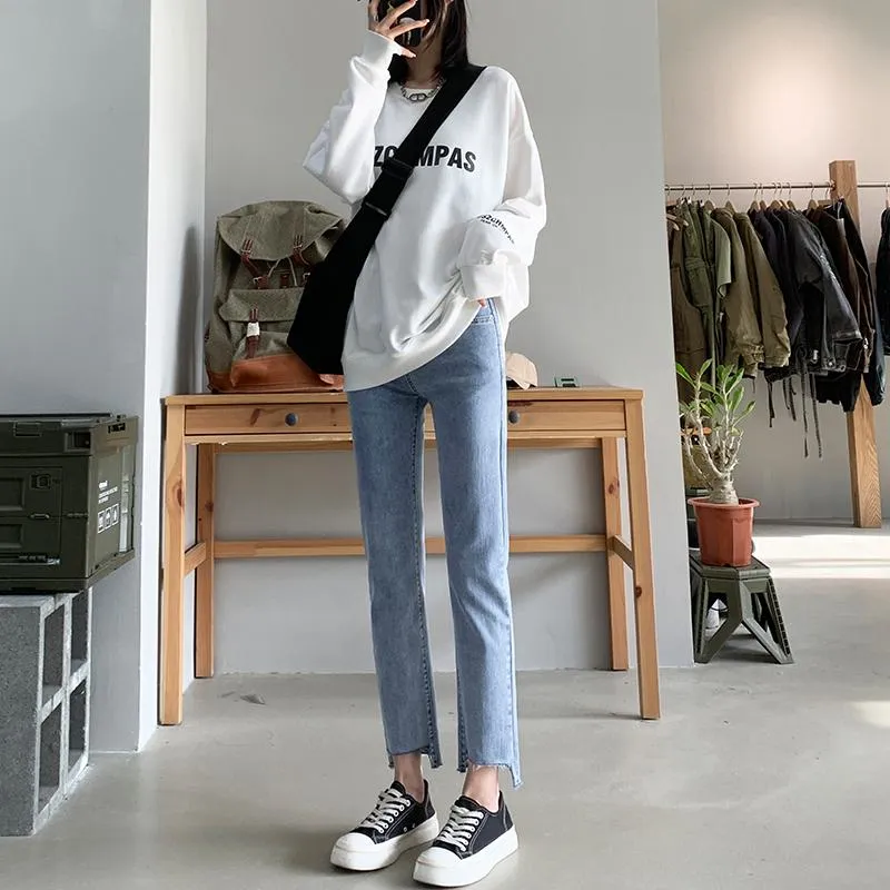 Cropped High-Waisted Elasticity Irregular Frayed Edge Jeans