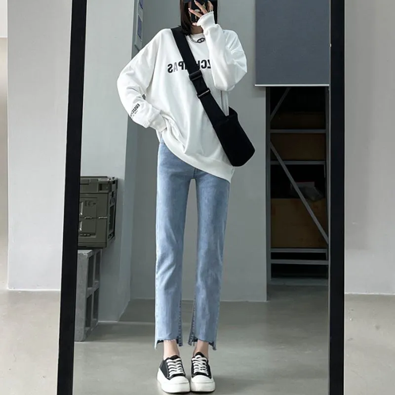 Cropped High-Waisted Elasticity Irregular Frayed Edge Jeans