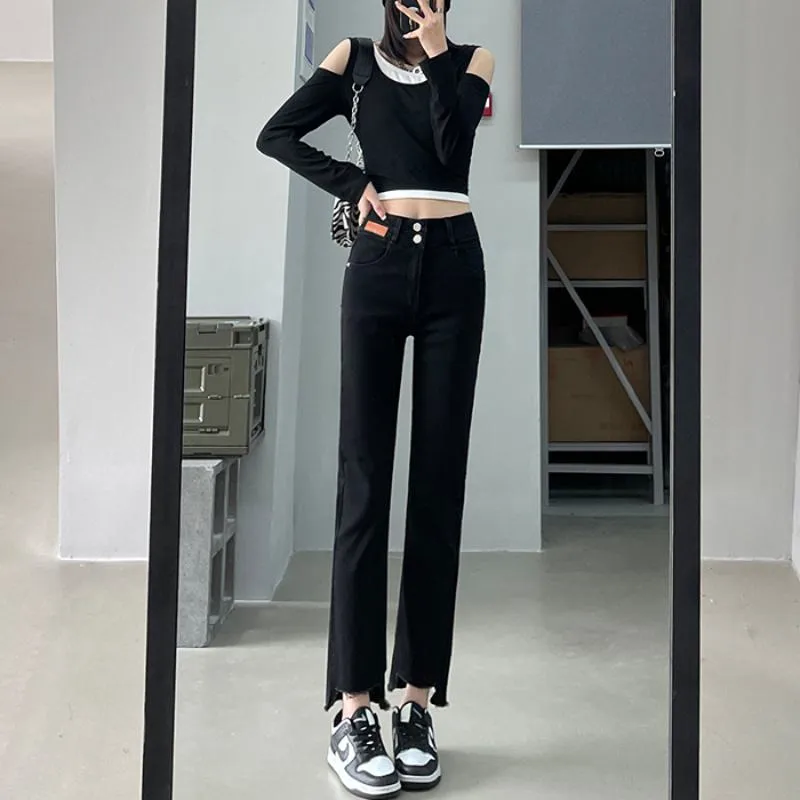 Cropped High-Waisted Elasticity Irregular Frayed Edge Jeans