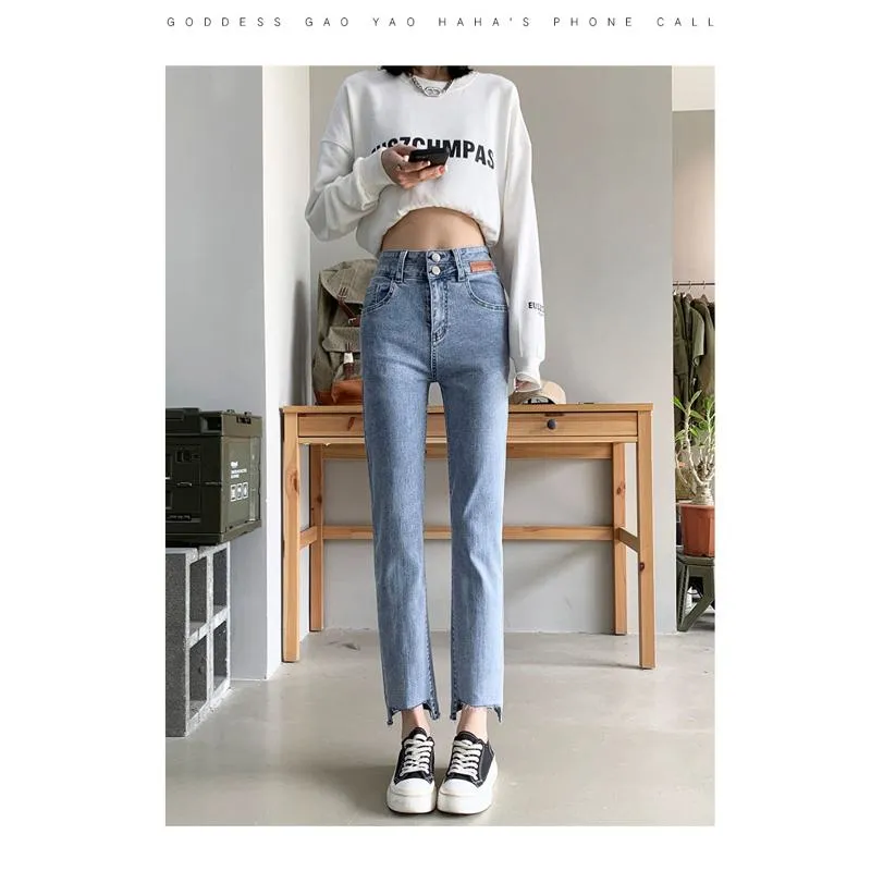 Cropped High-Waisted Elasticity Irregular Frayed Edge Jeans